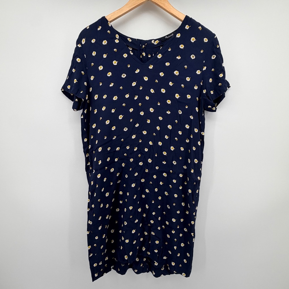 Madewell Button-Back Shift Dress Small Navy Blue Daisy Floral Print V-Neck Short